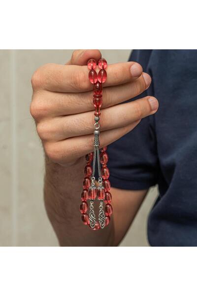 ALYANSEVİM 925 Sterling Silver Tasseled Red Color Drop Cut Fire Amber Prayer Beads