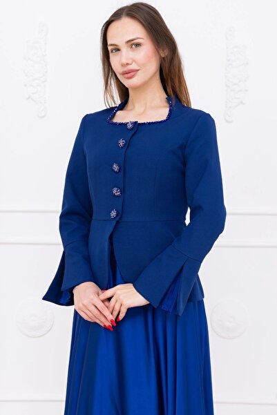 lodmela Costum dublu brodat cu guler pătrat 4718-Saks