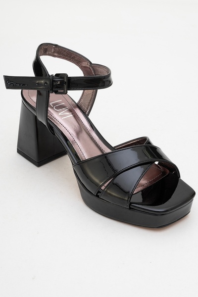 LuviShoes Lisbon Black Patent Leather Cross Strap Women's Platform Heeled Shoes