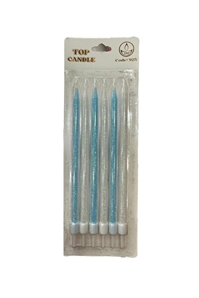 omeyva Simli Doğum Günü Parti Süs Pasta Mumu - Mavi / Beyaz- 15 Cm. - 6 Adetl...