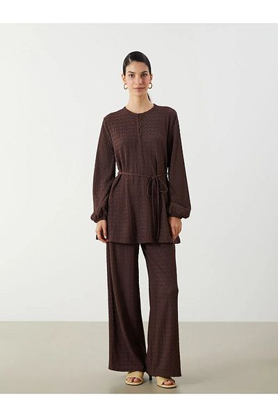 LC Waikiki Lcw Modest Brown Crew Neck Textured Women's Tunic