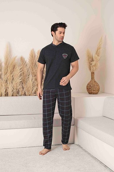 Pijamax Men's Anthracite Square Plaid Pattern Short Sleeve Combed Cotton Knitted Fabric Pajama Set