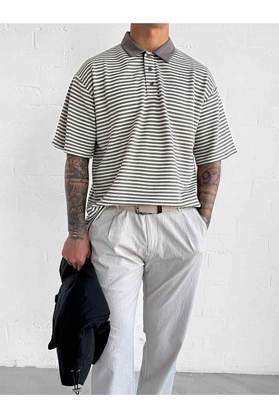 ablukaonline Ανδρικό ριγέ μπλουζάκι με γιακά πόλο Oversize καφέ