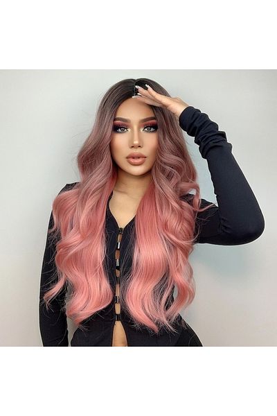 animis beauty PINK Ombre wig, long wavy, synthetic fiber with natural appearance, without bangs, 76 cm