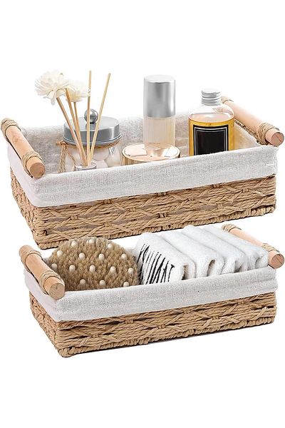 GENERAL Westhood 2-Pack Rectangle Woven Home Storage Baskets with Washable Liner, Paper Rope Storage Baskets