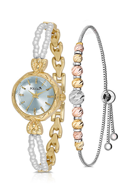 Polo Air İki inci Taşlı Görünümlü Kordon Kadın Kol Saati Dorika Bileklik Komb...
