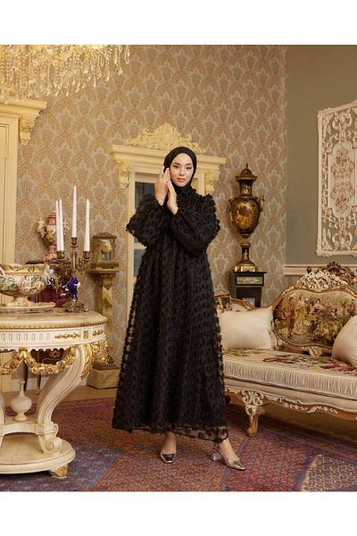 MERETTO By Akıl Full Length Lined Tulle Detailed Long Hijab Dress