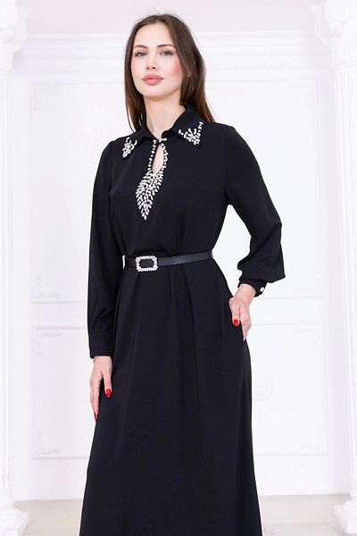 lodmela Collar Embroidery Detailed Comfortable Dress 1013-Black