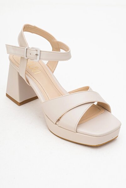 LuviShoes Lisbon Beige Skin Cross Strap Women's Platform Heeled Shoes