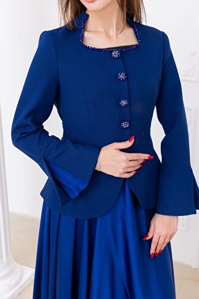 lodmela Costum dublu brodat cu guler pătrat 4718-Saks