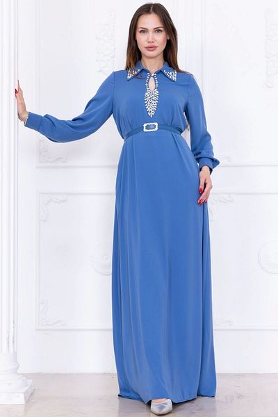 lodmela Lapel Embroidery Detailed Comfortable Form Dress 1013-Indigo