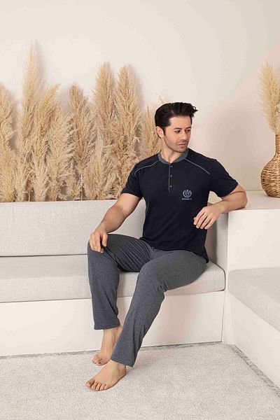 MİRELLA Ανδρικό τοπ Navy Blue-Κάτω καπνιστό ΣΕΤ Κοντό μανίκι με μακρύ χτενισμένο βαμβακερό ύφασμα πλεκτό καλοκαιρινό σετ πιτζάμες
