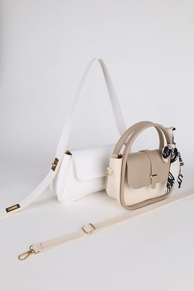 NOTHING Mink alb pentru femei, crem, curea de blocare aurie și eșarfă cu accesorii aurii, cadou, set de 2 pungi AlessaMilan