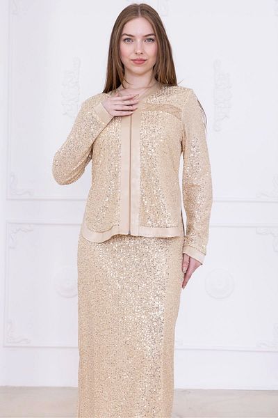 lodmela V-Neck Sequined Double Suit 4716-Beige