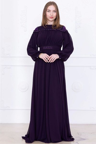 lodmela Embroidered Evening Dress with Gathered and Tie Detail 2761-Plum