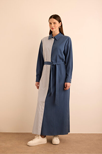 Aker Lacivert Çizgili Garnili Cotton Gömlek Elbise