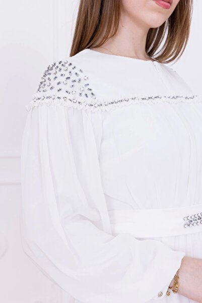 lodmela Büzgülü ve Bağlama Detaylı İşlemeli Abiye Elbise 2761-Beyaz