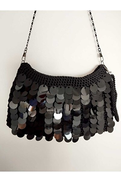 yaso shop Pullu Tığ İşi Siyah Gümüş Payet Gece Çantası Zincir Askılı Çanta