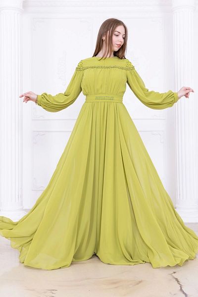 lodmela Embroidered Evening Dress with Gathered and Tie Detail 2761-Pistachio Green