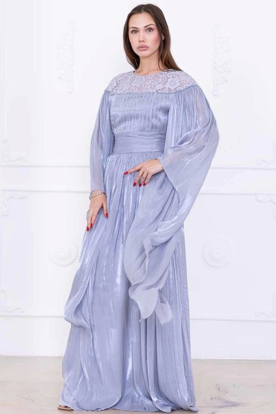 lodmela Φόρεμα βραδινό φόρεμα με κέντημα με δαντέλα και μανδύα 2762-Γκρι