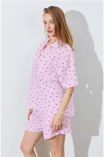 EDITION WOMAN Powdered Ash Collar Shirt and Pocket Detailed Shorts Muslin Heart Pattern Washed Shorts Set I Mks181373