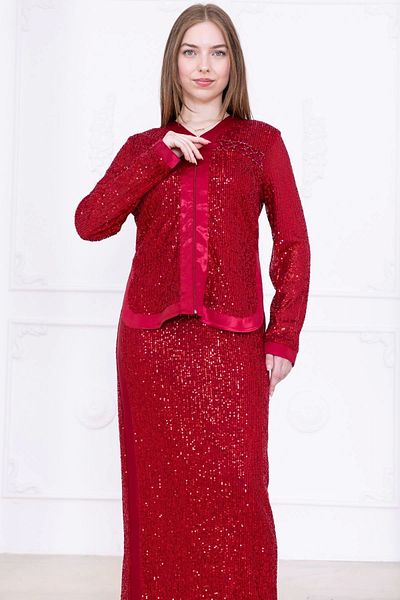 lodmela V-Neck Sequined Double Suit 4716-Burgundy