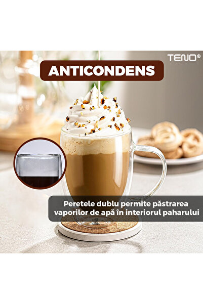 Teno Set 4 Cani de Sticla cu Perete Dublu Teno®, model rotund, capacitate 350 ml, 12 x 9 cm