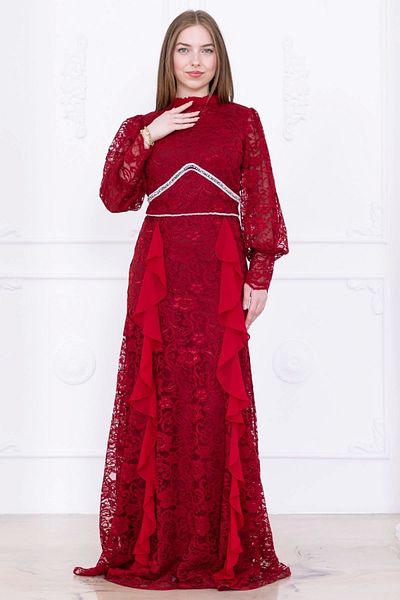 lodmela Ruffle and Stone Detailed Lace Evening Dress 2757-Burgundy