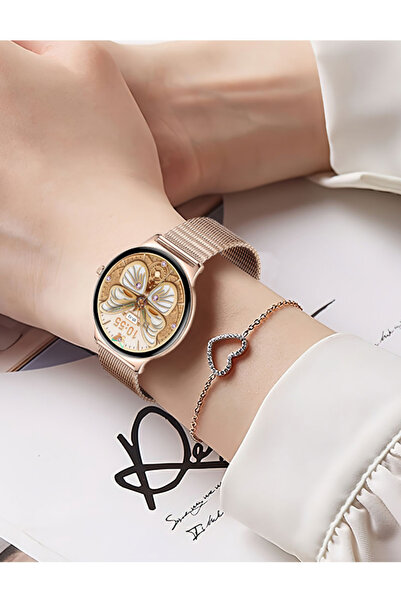 LOGIA Ultra Thin Femme Akıllı Saat Yuvarlak Çelik Kasa Metal Kordon Gold