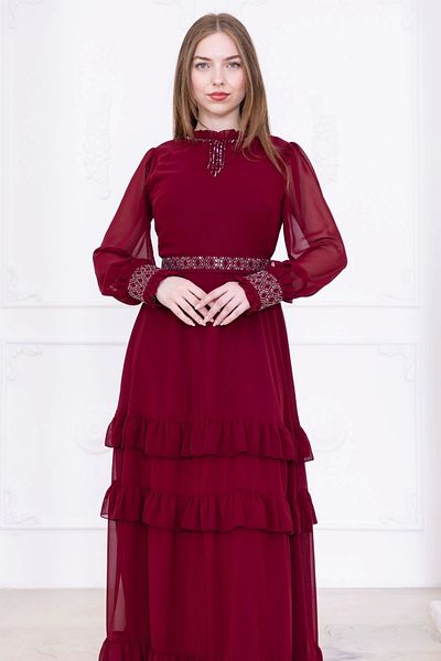 lodmela Collar Embroidered Stone Sleeve and Belt Detailed Layered Evening Dress 2756-Burgundy