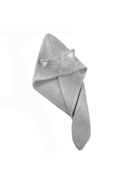 SIKS Bath Towel for Children, Turban Type, Made of Microfiber, Kitty Pattern, 62 x 22 cm, Gray