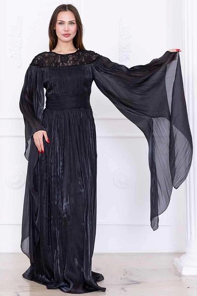 lodmela Lace and Cape Detailed Embroidered Evening Dress 2762-Black