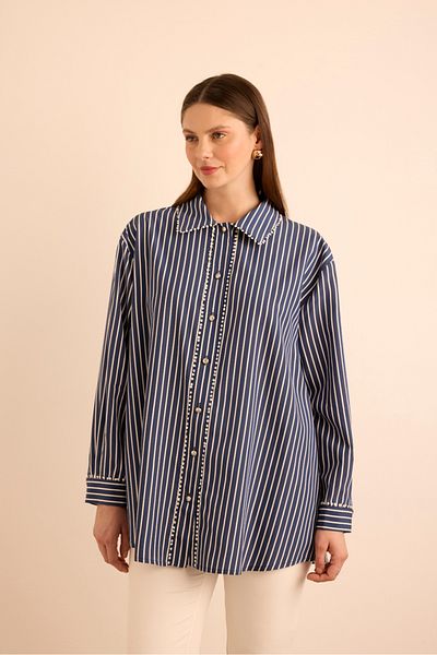 Aker Striped Viscon Blouse with Ball Stripe Accessory Detail