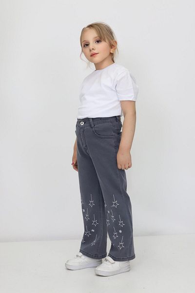 RAPİDO LİFE Girls' Jeans Pants Gray Star Embroidery Pipe Leg Daily Casual Jean Style Kids