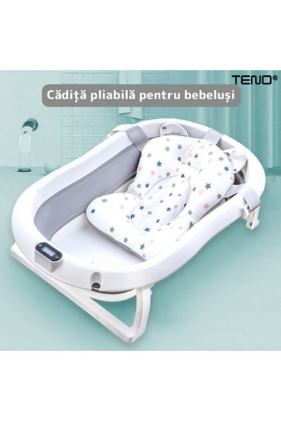 Teno Cadita cu Pernuta pentru Bebelusi Teno®, termometru digital, 75 x 45 x 22 cm, gri cu stelute