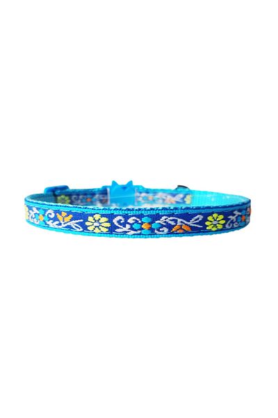 Ropet Zgarda ajustabila cu clopotel pentru pisici, imprimeu floral brodat, 20-32cm/1cm, Albastru, Ropet