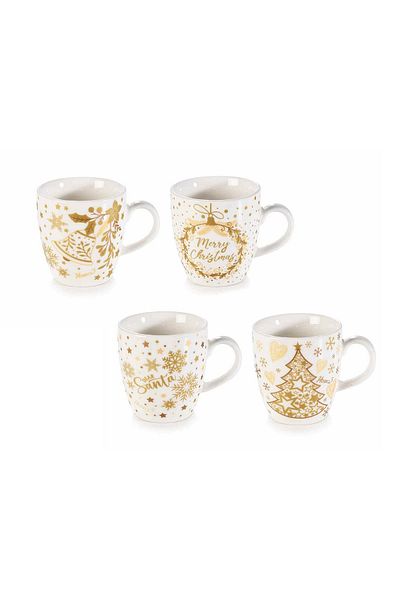 Decorer Set 4 cani portelan alb auriu Craciun 5.5x6 cm, 80 ml