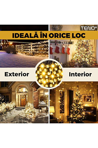 Teno Γραμμική Χριστουγεννιάτικη Εγκατάσταση με Ηλιακό Πάνελ Teno®, 20 m, 8 εφέ φωτισμού, 200 LED, ζεστό λευκό