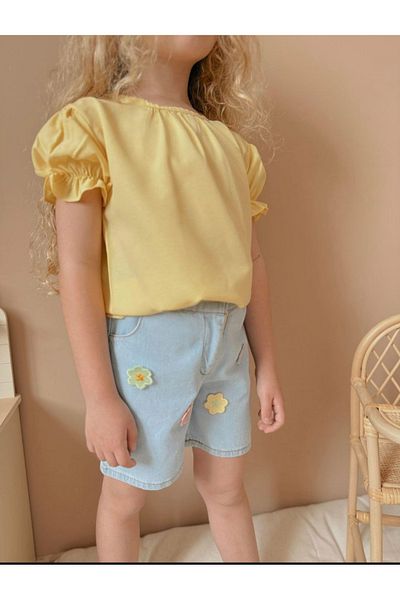 Patriko Girl's Flower Embroidered Denim Shorts T-Shirt Summer Fabric Bottom Top Set