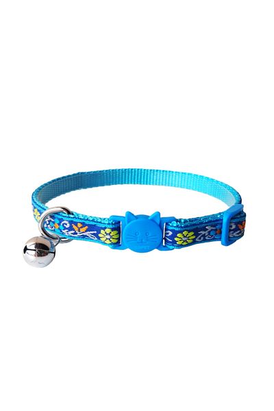 Ropet Zgarda ajustabila cu clopotel pentru pisici, imprimeu floral brodat, 20-32cm/1cm, Albastru, Ropet