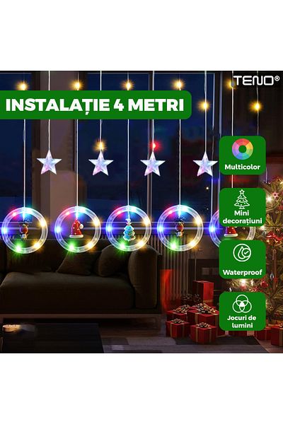 Teno Teno® Curtain Christmas Installation, 4 m, 8 light effects, multicolor