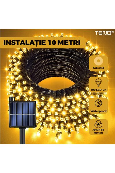 Teno Linear Christmas Installation with Teno® Solar Panel, 10 m, 8 light effects, 100 LEDs, warm white
