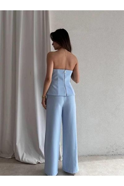 Coral Back Zipper Strapless Blouse Trousers Set Blue
