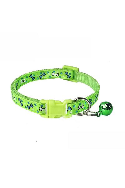 Ropet Adjustable collar with bell for dogs and cats, 18-32cm/1cm, Bone print, Green, Ropet