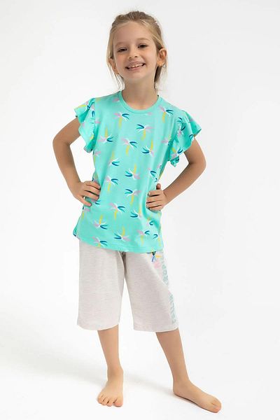 ROLY POLY 2765-g Girl's Mint Green Palm Patterned Ruffle Capri Suit