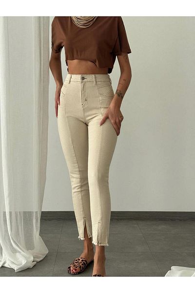 Coral Natural Pants with Stitching Detail and Slit Legs