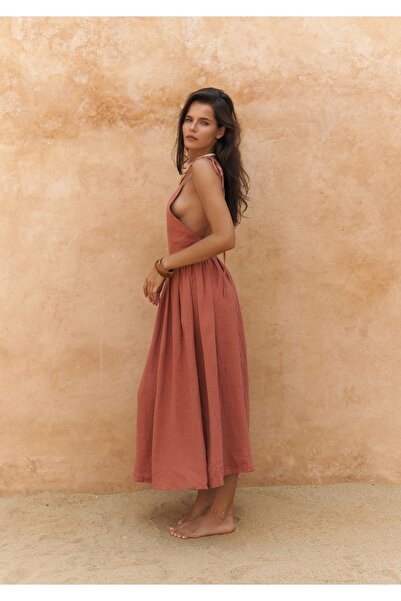 BOHEMAİ Eara Askılı Tarçın Uzun Keten Elbise