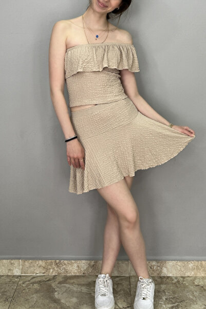 Tam Moda Women's Beige Color One Shoulder Blouse - Flounce Skirt Set