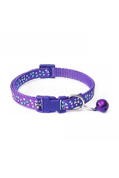 Ropet Adjustable collar with bell for dogs and cats, 18-32cm/1cm, Bone print, Purple, Ropet