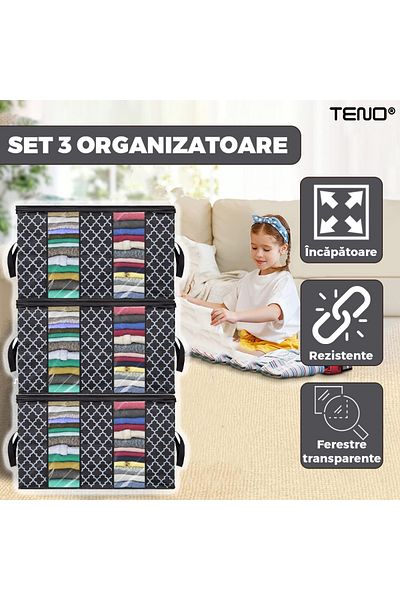 Teno Set of 3 Teno® Storage and Organization Boxes, foldable, 100L, 63x 45x 36 cm, black